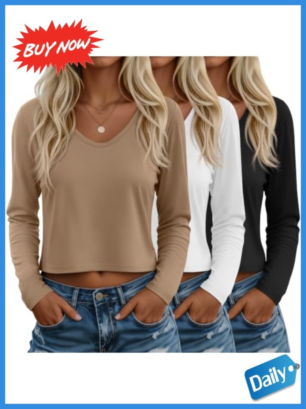 3 Pack Cropped Long Sleeve V Neck Tops Polyester Rayon Spandex Casual
